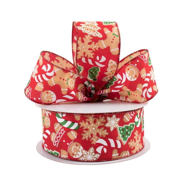 Christmas Gingerbread Cookie Red Glitter Fabric 2.5" Wired Ribbon