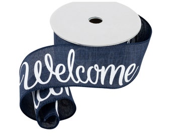Welcome Navy Blue Fabric Wired Ribbon