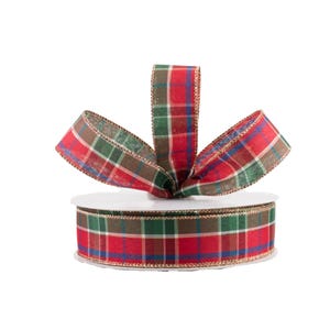 Royal Blue Red and Green Metallic Plaid Canvas 1.5" Wired Ribbon