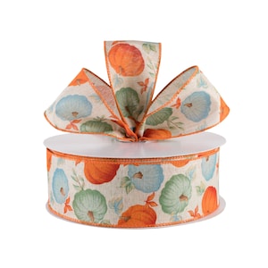 Fall Pumpkin Orange Teal Blue and Sage Green Natural Canvas 2.5" Wired Ribbon