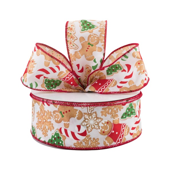Christmas Gingerbread Cookie White Glitter Fabric 2.5" Wired Ribbon