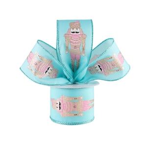 May include: A spool of turquoise blue ribbon with a white border and a repeating pattern of pink and gold nutcracker figures.