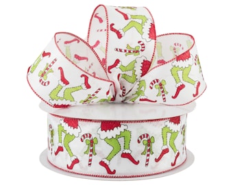 Christmas Green Monster Legs Canvas 2.5&quot; Wired Ribbon