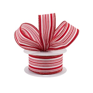Red and White Glitter Stripe Ticking Satin 1.5&quot; Wired Ribbon