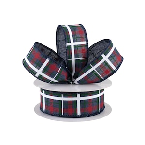 Navy Blue Red Emerald Green Printed Plaid Canvas 1.5" Wired Ribbon