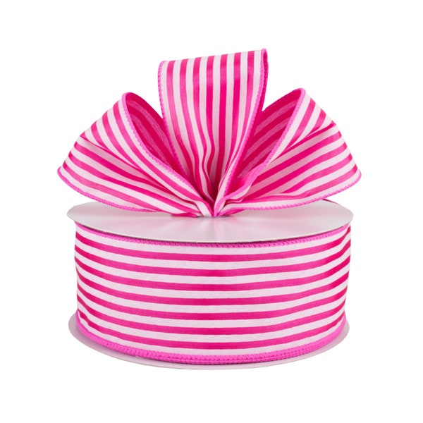 Bright Pink and White Stripe Satin Fabric 2.5" Wired Ribbon