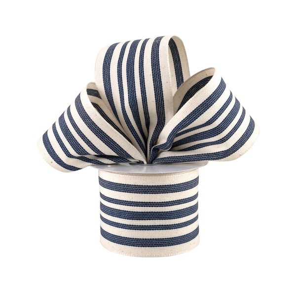 Navy Blue Stripe Ticking Canvas 2.5" Wired Ribbon