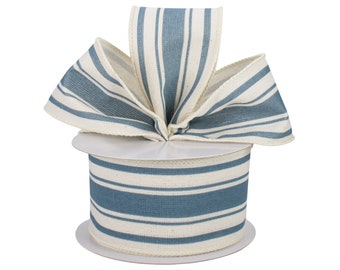 Farmhouse Stripe Blue Canvas 2.5" Wired Ribbon