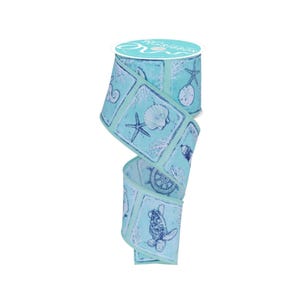 Coastal Ocean Life Teal Blue and Seafoam Green Canvas 2.5&quot; Wired Ribbon