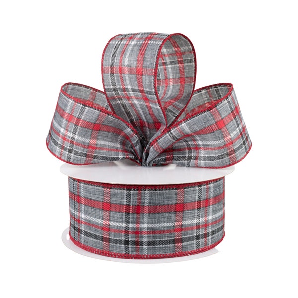 Christmas Plaid Gray and Red 2.5" Wired Ribbon