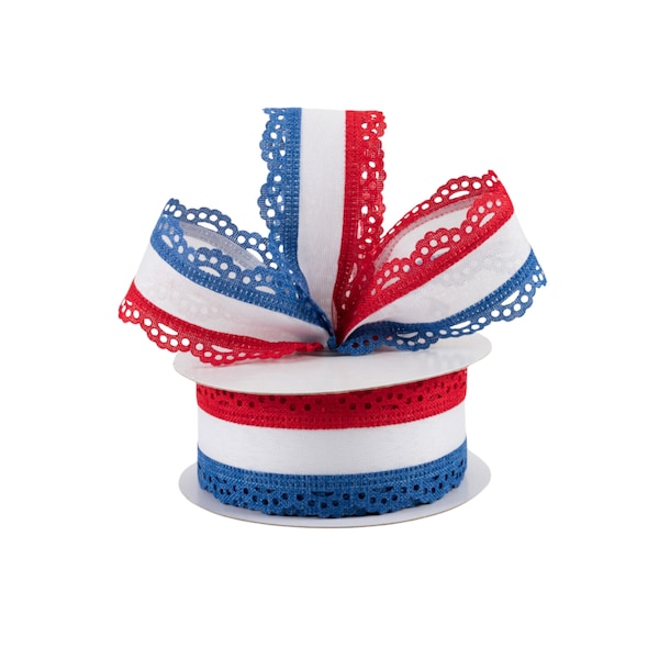 Red White and Blue Scalloped Edge Canvas 1.5" Wired Ribbon