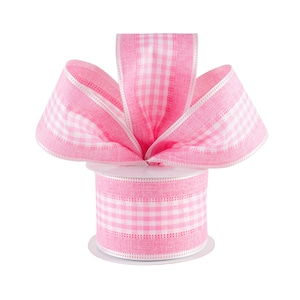 May include: A spool of pink and white gingham ribbon with a bow tied on top.