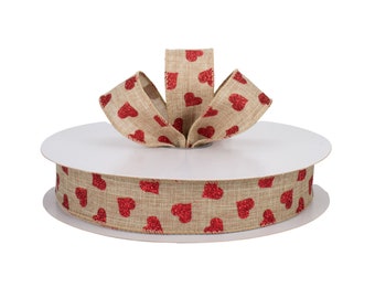 Red Hearts Natural Canvas 1.5" Wired Ribbon