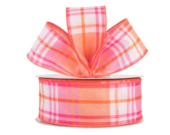 Bold Plaid Pink Orange White Canvas 2.5" Wired Ribbon