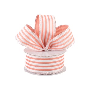 Peach and White Stripe Canvas Fabric 1.5" Wired Ribbon