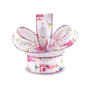 Fun Christmas Trees Retro Pink White Canvas 1.5" Wired Ribbon