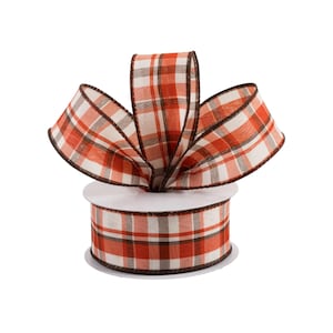 Rust Orange Brown Cream Plaid Canvas 1.5" Wired Ribbon