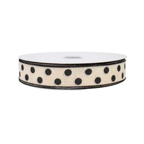 Cinta con alambre de 1,5" con lunares negros de lona natural