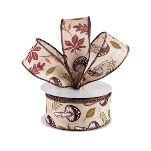 Fall Mushrooms and Leaves Natural Canvas 1.5" Wired Ribbon