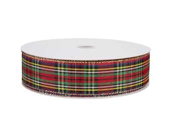 May include: A spool of fabric ribbon featuring a classic red, green, yellow, and white plaid tartan pattern. The ribbon has a woven texture and is finished with thin, metallic gold-toned edges along the top and bottom borders.