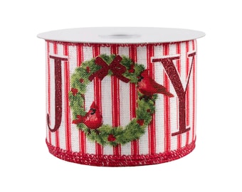 Christmas Joy Cardinal Red Stripe Ticking 2.5" Wired Ribbon