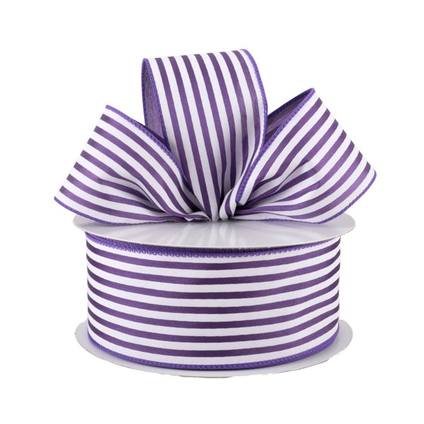 Purple and White Stripe Satin Fabric 2.5" Wired Ribbon