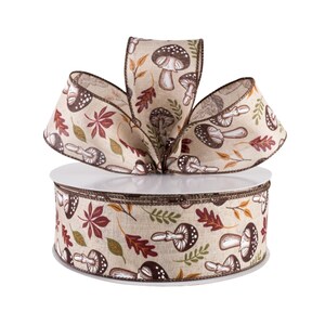 Fall Mushrooms and Leaves Natural Canvas 2.5" Wired Ribbon