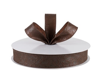 Cinta de alambre de 1,5" de tela resistente a la intemperie con flores en relieve de color marrón