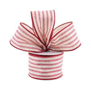 Dark Red Natural Stripe Ticking Canvas 2.5&quot; Wired Ribbon