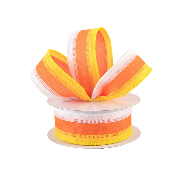 White Orange and Yellow Stripe Canvas 1.5" Wired Ribbon