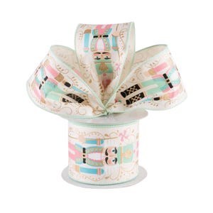 May include: A decorative ribbon roll featuring a repeating pattern of toy soldiers in pastel colors. The ribbon has a cream background with gold accents and a light green trim. The ribbon is ideal for holiday crafts and gift wrapping.