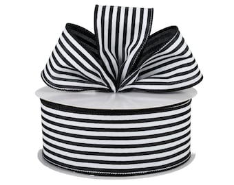 Black and White Stripe Satin Fabric 2.5" Wired Ribbon