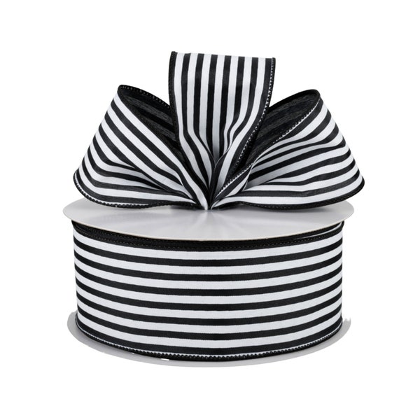 Black and White Stripe Satin Fabric 2.5" Wired Ribbon