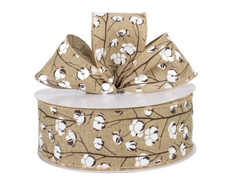 Cotton Boll Pod Natural Canvas 2.5&quot; Wired Ribbon