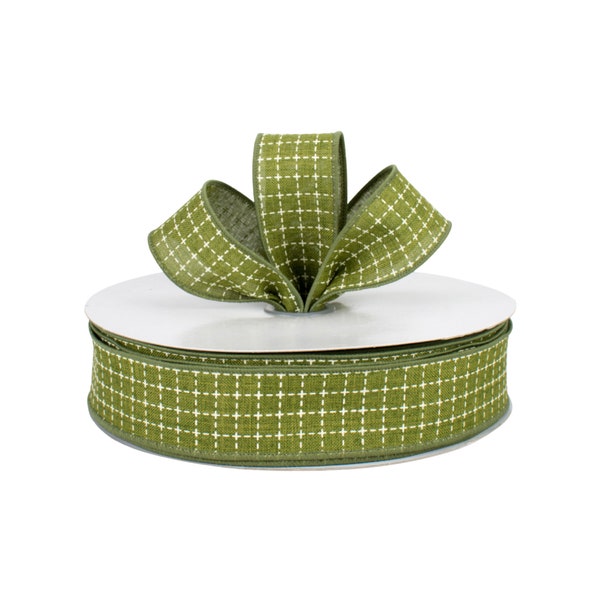 Moss Green Stitched Fabric 1.5" Wired Ribbon