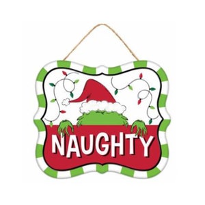 Christmas Green Monster Naughty Metal Sign Wreath Decoration