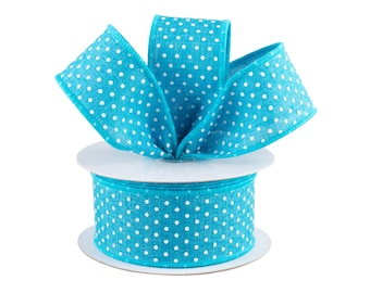Swiss Dots Turquoise Blue and White Canvas 1.5" Wired Ribbon
