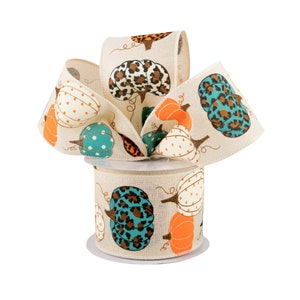 Fall Leopard Pumpkin Ivory Canvas 2.5" Wired Ribbon