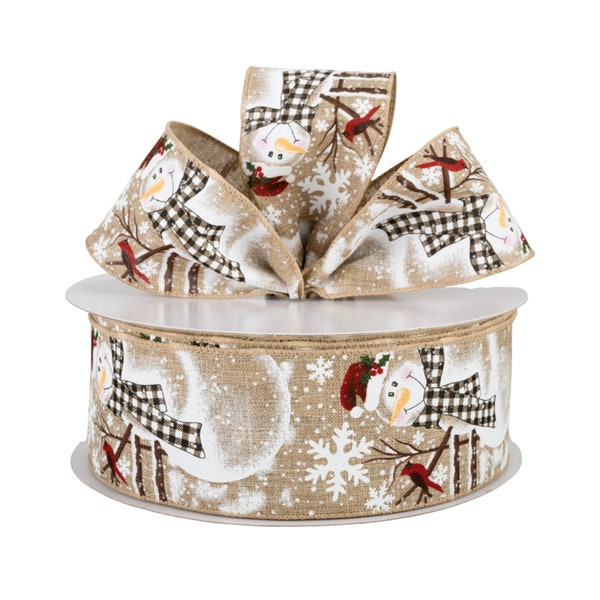 Holiday Snowman Natural Buffalo Plaid 2.5" Wired Ribbon