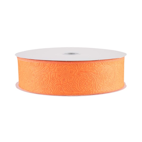 Embossed Flower Orange Weatherproof Fabric 2.5" Wired Ribbon