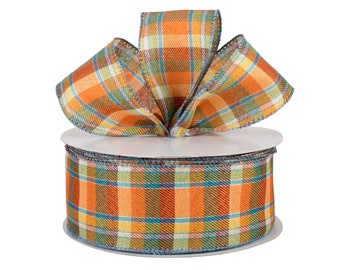 Fall Plaid Blue and Orange 2.5" Wired Ribbon