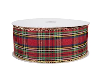 May include: A spool of fabric ribbon featuring a red, green, yellow, and white plaid pattern. The ribbon has a metallic gold thread woven along both top and bottom edges, providing a shimmering finish to the woven textile material.