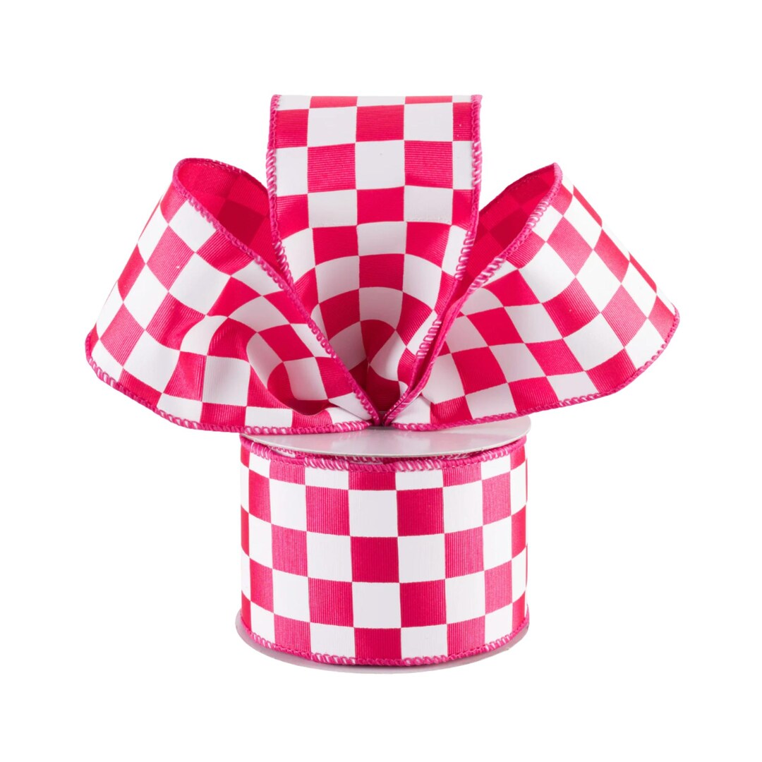 Race Check Fuchsia Pink White Ribbed Satin 2.5