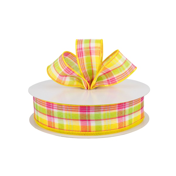 Spring Plaid Yellow Pink and Green Fabric 1.5" Wired Ribbon