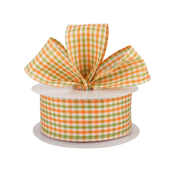Moss Green and Orange Gingham Fabric 2.5" Wired Ribbon