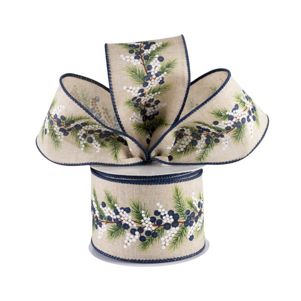 Berries and Pine Blue Berry Natural Canvas 2.5" Wired Ribbon