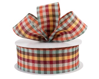 Fall Check Teal Orange and Yellow Canvas 2.5" Wired Ribbon