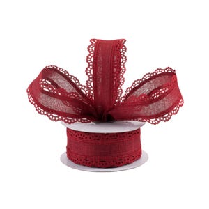 Burgundy Red Scalloped Edge Canvas 1.5&quot; Wired Ribbon