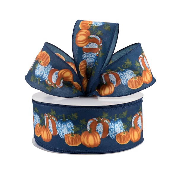 Toile Pumpkin Navy Blue Satin 2.5" Wired Ribbon