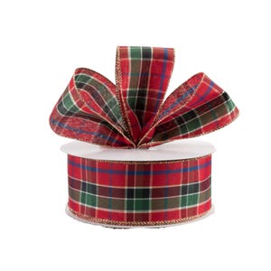 Royal Blue Red and Green Plaid Metallic Canvas 2.5" Wired Ribbon